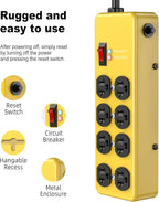 HEZI 20A Power Strip Surge Protector Durable Metal 8-Outlet with Heavy Duty 20 Amp Extension Cord,12 Gauge for Garage,Workshop & Industrial Use with 6-20R T-Slot Outlets,4800J(Yellow,6FT)