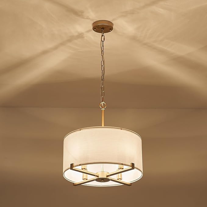Modern Drum Chandelier 18” White and Gold Pendant Light Fixture Round Fabric Shade 4 Lights Semi Flush Mount Hanging Ceiling Chandelier for Dining Room Bedroom