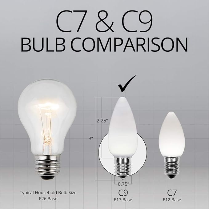 Wintergreen Lighting OptiCore C9 LED Christmas Light Bulbs - 25 Pack Heavy Duty Premium Outdoor Christmas Lights, E17 Base (Cool White Smooth)