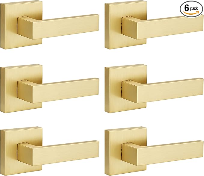 EHOMEWARE Gold Dummy Door Knob Interior Door Handles, Heavy Duty Levers for Closet, Non-Turning Reversible Levers for Left Right Handed Doors, Contractor Pack of 6