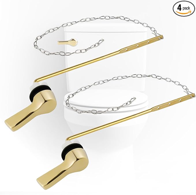 iFealClear Polished Gold Universal Metal Toilet Tank Flush Lever Replacement for Front Mount Toilet Tank with 2 Pieces Stainless Steel Flapper Chains, Easy Install, Solid Brass