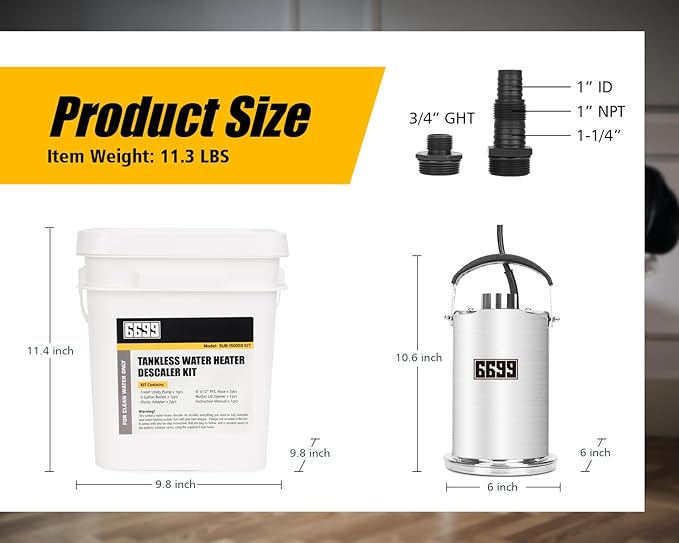 Tankless Water Heater Flushing Kit Includes 1/4HP Stainless Steel Pump with Two Adapters & 3 Gallons Pail with Bucket Lid Opener & Two 1/2” Dia X 6’ PVC Hoses with Washers