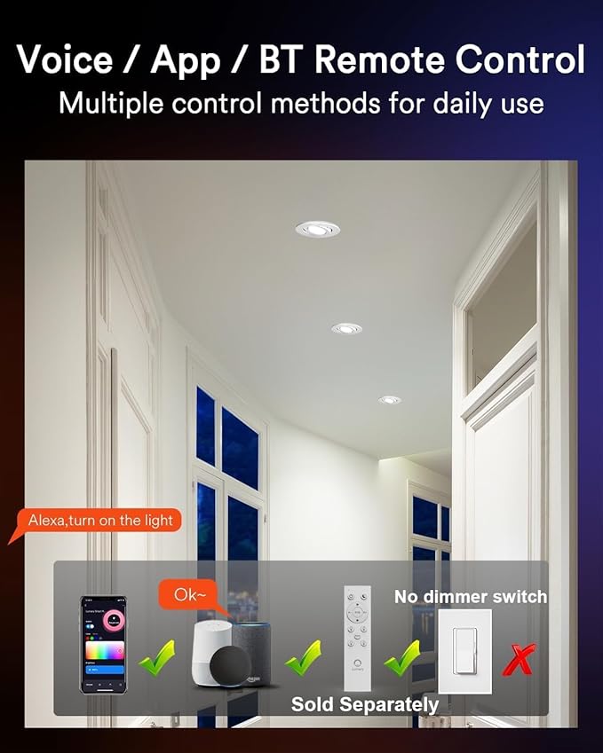 Lumary 4 Inch Smart Gimbal Recessed Lighting, 9W 810Lm ETL-Listed Eyeball Soffit Light, 40° Tilt Directional Color Changing LED Ceiling Downlight, Work with Alexa/Google Assistant, CRI 90+, 4Pack