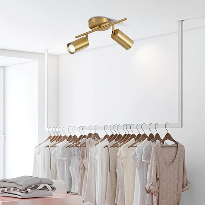 KCO Lighting Modern 2-Light Gold Track Lighting Fixture Flush Mount Brushed Brass Track Lights Kit Mid Century Industrial Adjustable Ceiling Spot Lights Indoor for Kitchen Island (2-Light)
