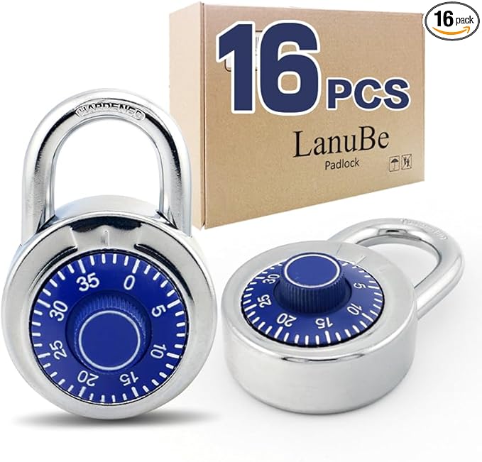 LanuBe Standard Dial Combination Lock, 2 in. Wide, with Different Combinations, Blue Turnplate, Pack of 16; Lock for School, Employee, Gym Sports Locker, Case, Toolbox, and so on