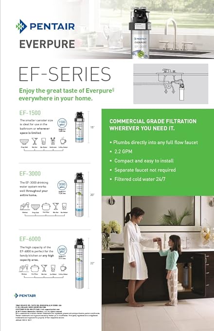 Pentair Everpure EF-1500 Full Flow Drinking Water System, EV985800, NSF Certified to Reduce Lead, includes Filter Head, Filter Cartridge, All Hardware and Connectors, 1,500 Gallon Capacity, 0.5 Micron