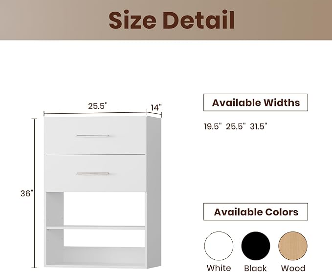 ROOMTEC 25.5" 2 Drawer Short Tower Closet Unit, Modular Closet System with Drawers and Shelf, Wardrobe Organizer for Bedroom or Walk-in Closet, Wall Mounted, Customizable Clothes Storage Unit, White