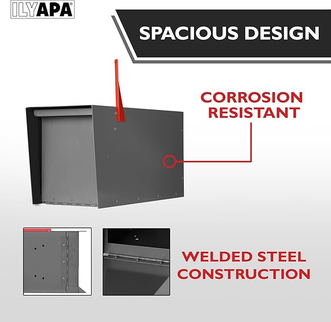 Ilyapa Modern Mailbox for Post Mount - Gray with Gray Door Powder Coated Steel, Waterproof Letter Box for Parcels, with Recessed Magnetic Close Door