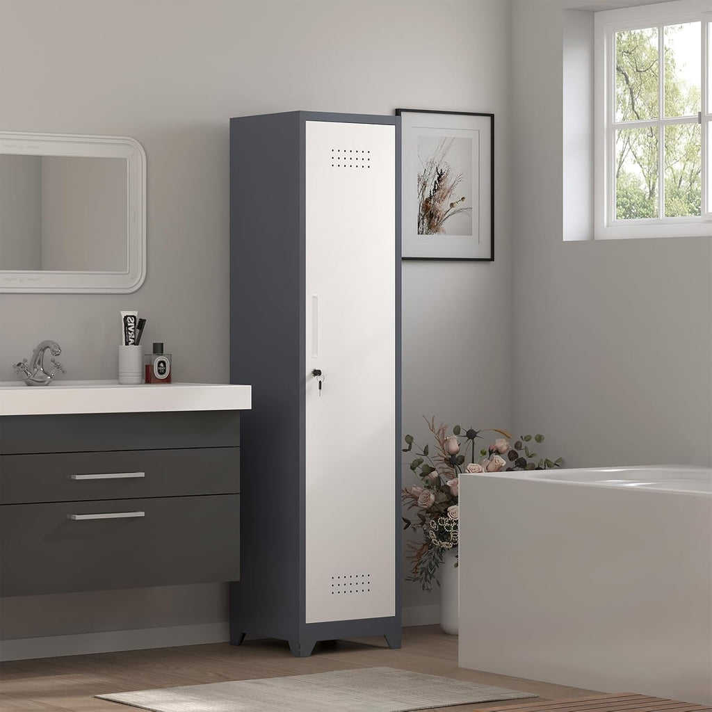 Storage Cabinet,Slim Broom Closet Storage Cabinets with Lockable Doors,Narrow Utility Cabinets with Hanging Rod,Tall Broom Closet for Laundry,Home Office,Grey-White
