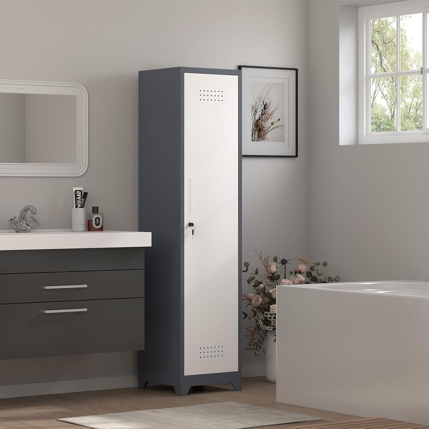 Storage Cabinet,Slim Broom Closet Storage Cabinets with Lockable Doors,Narrow Utility Cabinets with Hanging Rod,Tall Broom Closet for Laundry,Home Office,Grey-White