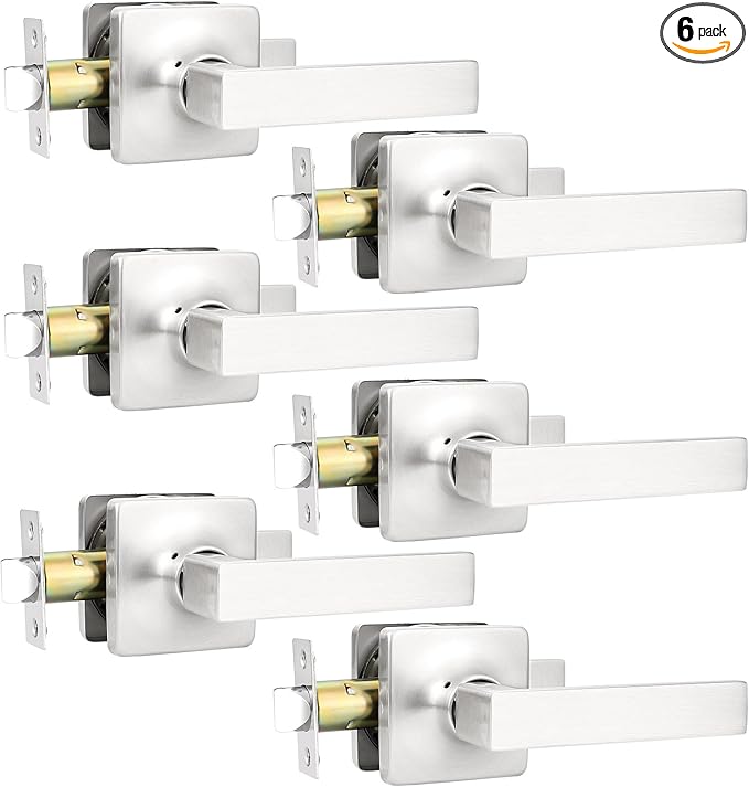 GOBEKOR 6 Pack Passage Lever Door Handle Brushed Nickel Door Levers Square Interior Door Handles for Closet Keyless Door Lock Straight Levers