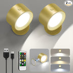 Lightbiz LED Wall Lights 2 Pcs with Remote, Wall Sconces Lamp Rechargeable Battery Operated, 3 Color Temperatures & Dimmable Magnetic 360° Rotation Cordless for Bedroom Bedside