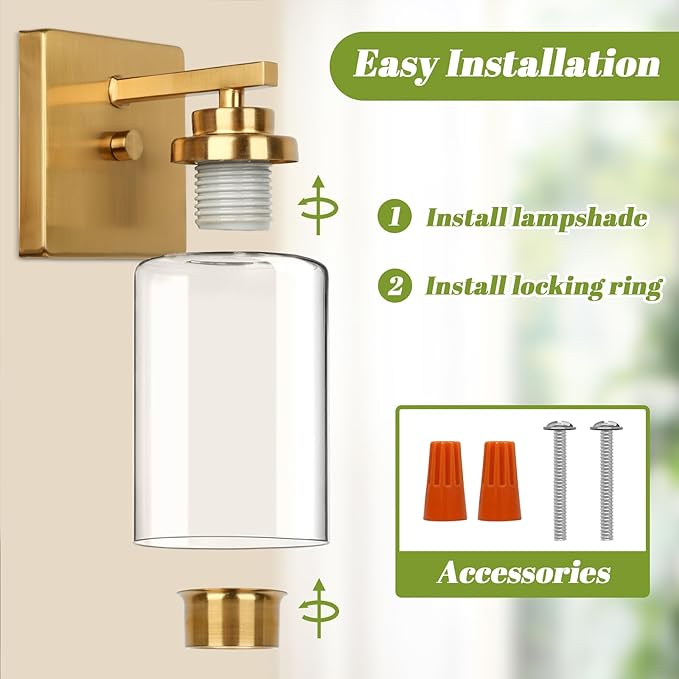 VerRon Wall Sconces, Gold Bathroom Light Fixtures, Modern Vanity Lights, Sconces Wall Lighting with Clear Glass, Sconces Wall Decor Set of 2, Light Fixture for Mirror, Living Room, Bedroom, Hallway