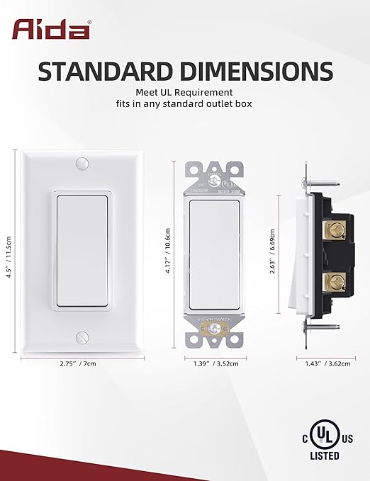 AIDA 4 Way Switch Decorative Light Switch, 15Amp, 120/277 Volt, 4 Way Decorative Light Rocker Switch Replacement, Wall Plate Included, Residential Grade, UL Listed (10 Pack, Glossy White)