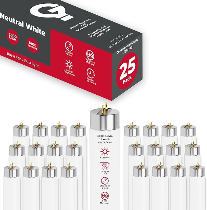 GoodBulb 17-Watt 24 Inch T8 Fluorescent Light Bulb 3500K Soft White Color Medium Bi-Pin Base 1400 Lumens 86 CRI 36000 Life Hours Instant/Programmed Start Pack of 25 Bulbs
