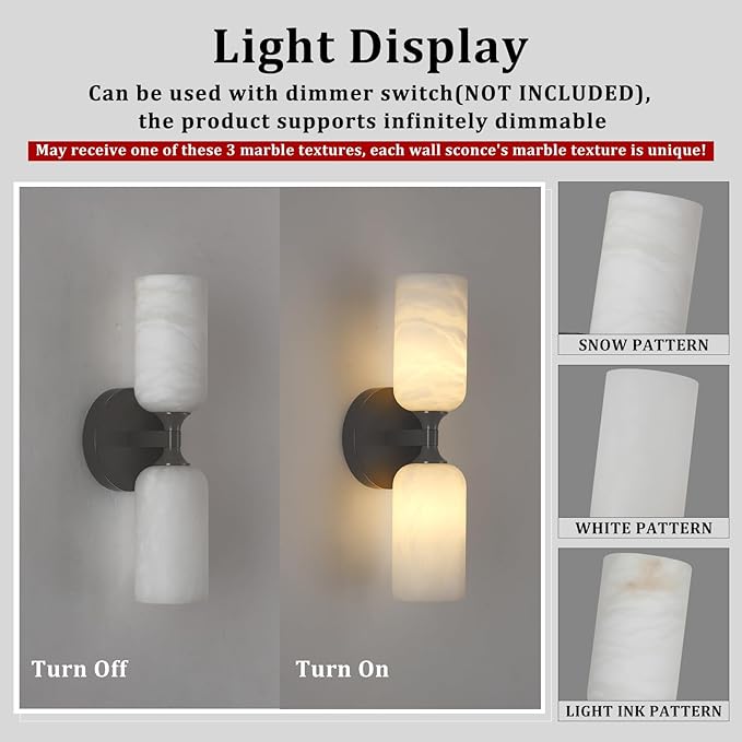 Alabaster Wall Sconce 14in Antique Brass Sconces Wall Lighting, Imported Alabaster Modern Marble Bathroom Vanity Sconces, Black Sconce Wall Decor, For Bedroom Living Room Staircases Hallway Foyer