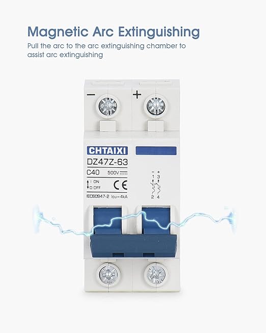 DC Miniature Circuit Breaker, 2 Pole 500V 40 Amp Isolator for Solar PV System, Thermal Magnetic Trip, DIN Rail Mount, Chtaixi DC Disconnect Switch C40