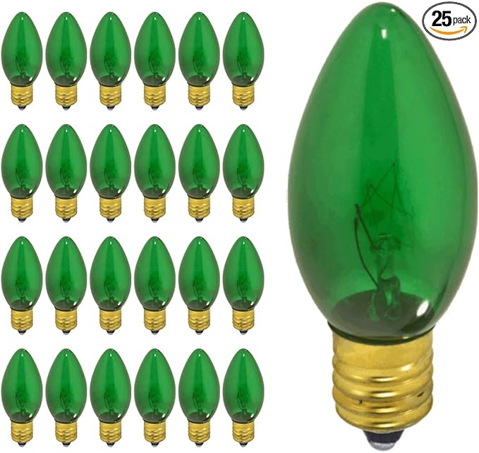 GoodBulb 7-Watt Incandescent C9 Green Transparent Holiday Light Bulbs Intermediate E17 Base 50 Lumens Christmas Lights Bulbs Ideal for Holiday Decorations Pack of 25 Bulbs
