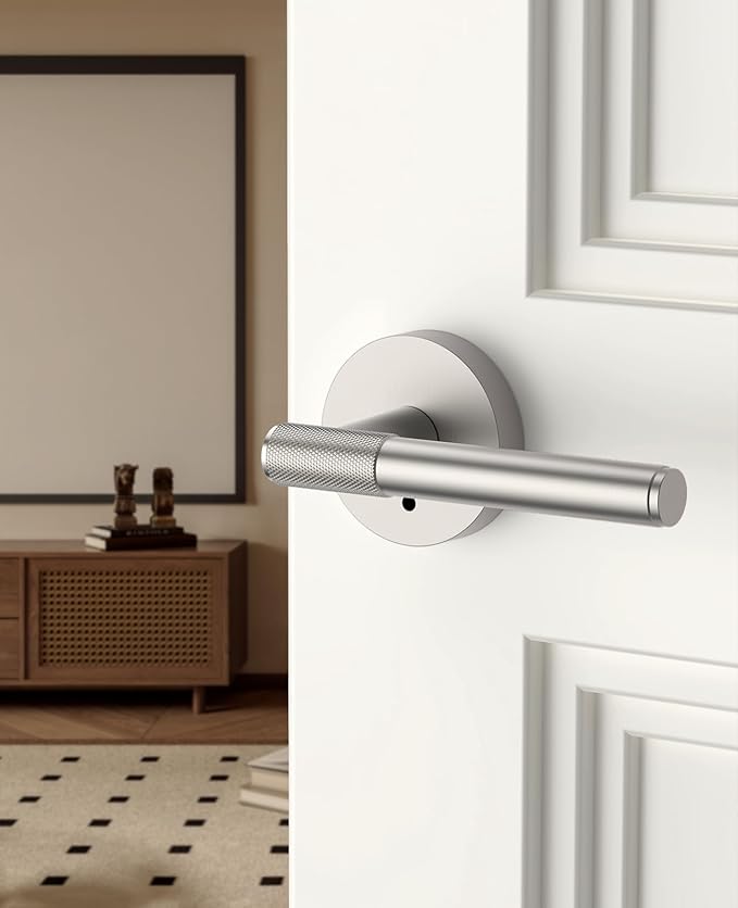 Asidrama 1 Pack Passage Brushed Nickel Door Handles, Door Lever with Door Knobs Indoor for Bedroom or Bathroom, Heavy Duty Door Handles Interior with Locks for Left Right Sided Doors