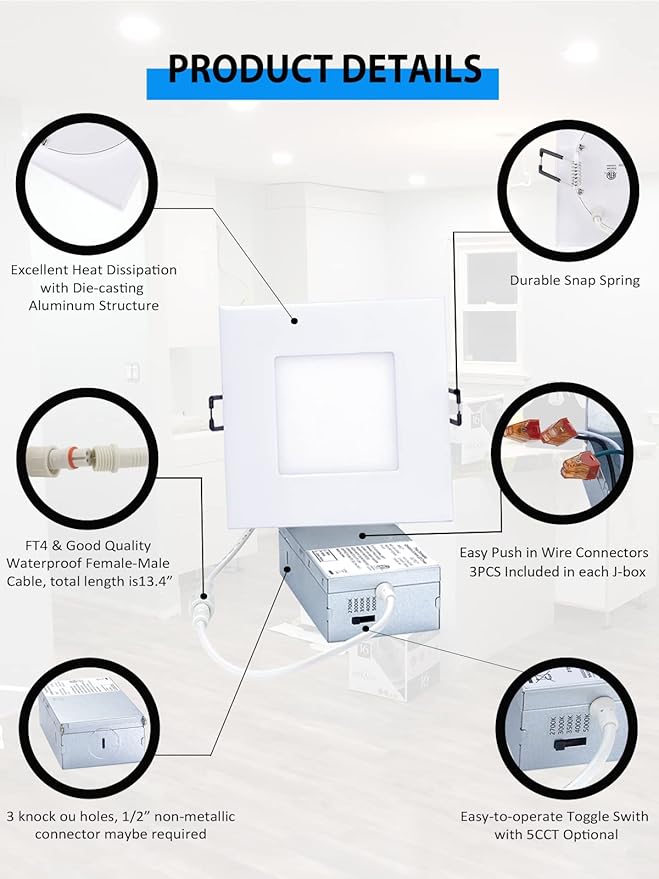 Recessed Lighting 4-inch Square-LED - Canless Recessed Light Fixture, Dimmable Ceilling Light with Junction Box, 2700|3000|3500|4000|5000K, 9W, White, 6P