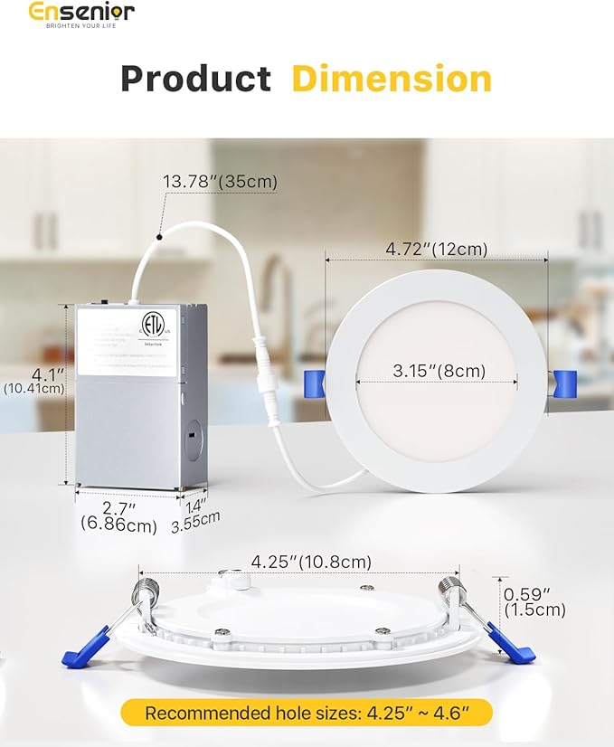 Ensenior 12 Pack 4 Inch LED Recessed Light, Dimmable, 2700K-5000K 5CCT, 750LM High Brightness, 9W 120V, 3 Pin, ERL-9X-ETL, Damp Rated, Ultra-Thin Canless Wafer Ceiling Light - ETL & FCC & IC