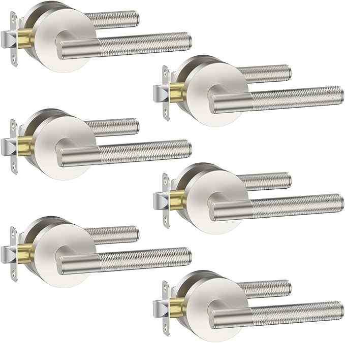 Asidrama 6 Pack Passage Brushed Nickel Door Handles, Door Lever with Door Knobs Indoor for Bedroom or Bathroom, Heavy Duty Door Handles Interior with Locks for Left Right Sided Doors