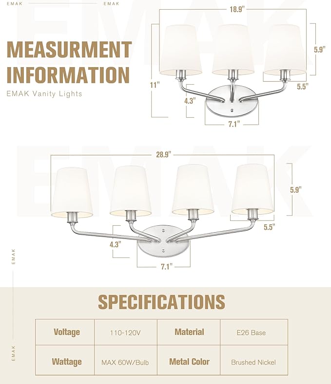 Emak 29 Inch Brushed Nickel Vanity Light, 4-Light Bathroom Light Fixtures with Flared White Fabric Shade, Modern Vanity Lights for Bathroom, Mirror, VL132-BN-WF-4