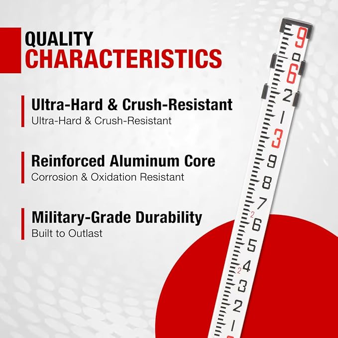9-Foot Aluminum Grade Rod - 10ths Double-Sided Scale, 3-Section Telescopic Leveling Rod with Bubble Level & Carrying Case for Surveying, Laser Alignment, Walls, Floors