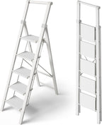 Taranta 5 Step Ladder, Portable Folding Ladder with Wide Pedal, Lightweight Aluminum Step Stool with Convenient Handgrip, 330 lbs Capacity Stepladder for Home, Office - White