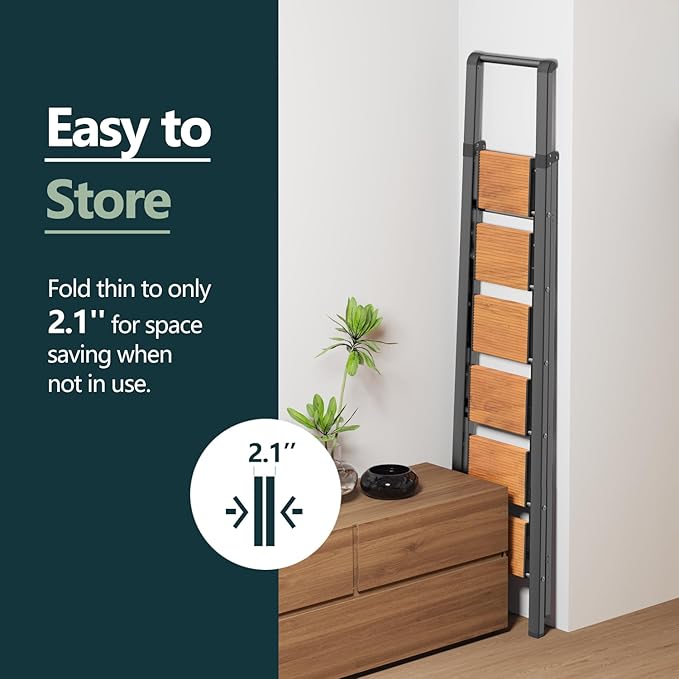 WOA WOA Step Ladder 6 Step Folding, Foldable Tall Ladder with Handrail, Aluminum Stepladder for High Ceilings, Lightweight, Deep Pedals, Anti-Slip Feet, Capacity 300 lbs - Black & Wood Grain