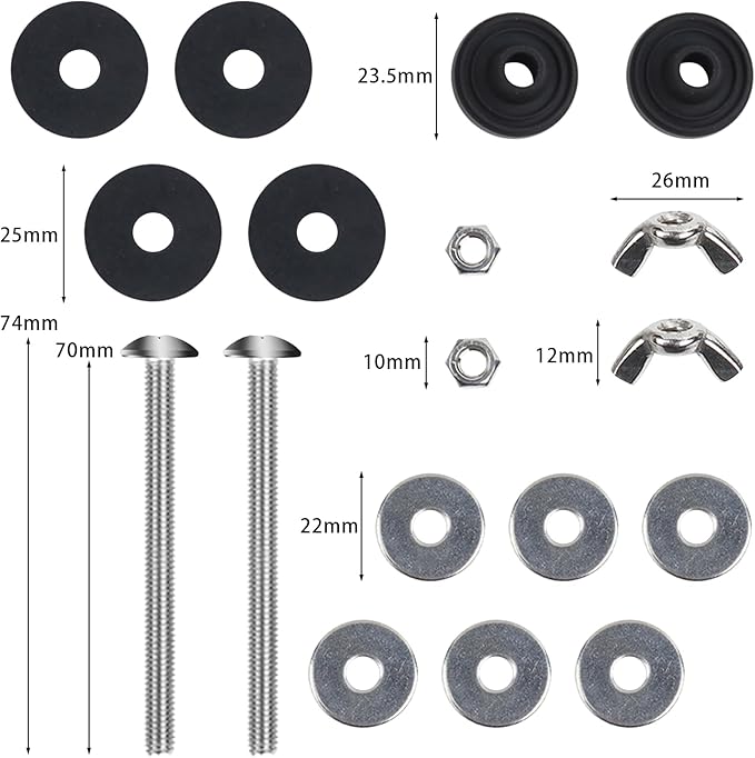 2PCS Universal Toilet Seat Bolts Kit, Heavy Duty Toilet Tank Bolts Replacement, Waterproof Stainless Steel Toilet Seat Screws and Rubber Washers Gaskets with Extra Long Nut