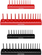 AIRTOON 1/4-Inch & 3/8-Inch Drive Socket Organizer Trays, 4-Piece SAE and Metric Socket Tray Set, Deep and Standard Socket Holders Organizers for Toolbox, Black & Red