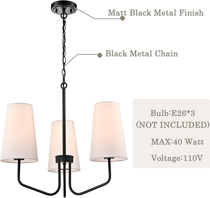 3-Light Black Metal Chandelier with Fabric Shade Adjustable Height Pendant Light for Kithchen,Hallway,Dining Room,Kitchen,Bar