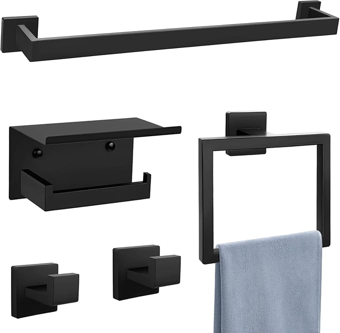 Matte Black Towel Bar Set 5-Piece Bathroom Hardware Accessories Set Includes 23.6 Inch Towel Bar,Toilet Paper Holder with Shelf,Square Towel Ring and Coat Hooks Stainless Steel Wall-Mounted