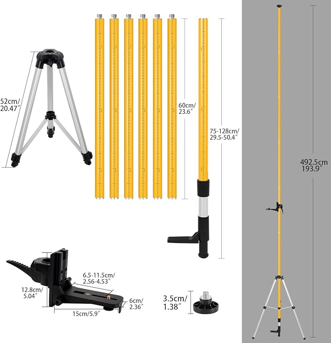 Laser Level Pole with Tripod, Telescoping Laser Level Tripod, 15.7Ft./4.8M with 1/4-Inch by 20-Inch Laser Mount for Rotary and Line Laser Level, 5/8"-11 Adapter Nut Included