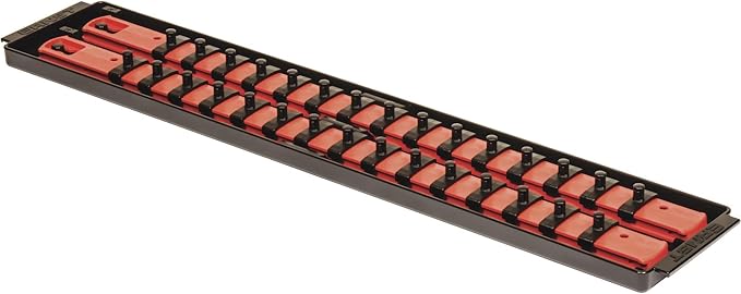 Heavy Duty Socket Organizer with Tray - Ernst Manufacturing 19-Inch Socket Boss 2-Row, 1/4-Inch-Drive Twist Lock Socket Holder, SAE, METRIC, Red (8452) - Automotive Industry - Made in USA