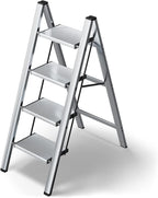 HillhutApex 4 Step Stool, Aluminum Foldable Step Ladder, Lightweight Stable Stool with Wide Non-Slip Pedals, 330lbs Bearing Capacity Ladder for Office,Home,Kitchen - Silver