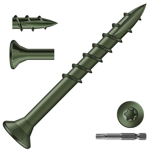#8 x 1-5/8" Deck Screws (138Pcs) 1lb. Exterior Wood Screws. Carbon Steel, Green, Flat Head, Rust Resistant epoxy Coated, with T25 Star Bit