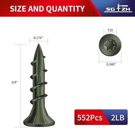 #8 x 3/4" Deck Screws (552Pcs) 2lb. Exterior Wood Screws. Carbon Steel, Green, Flat Head, Rust Resistant epoxy Coated, with T25 Star Bit