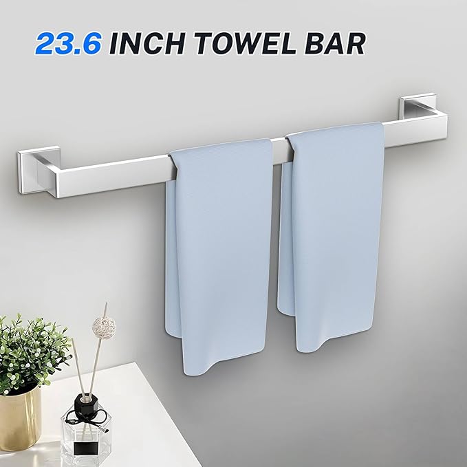 5 Pieces Brushed Nickel Towel Bar Set Bathroom Hardware Accessories Set Include 23.6 Inch Towel Bar Toilet Paper Holder Towel Ring Coat Hooks SUS304 Stainless Steel Wall Mounted Towel Holder Set