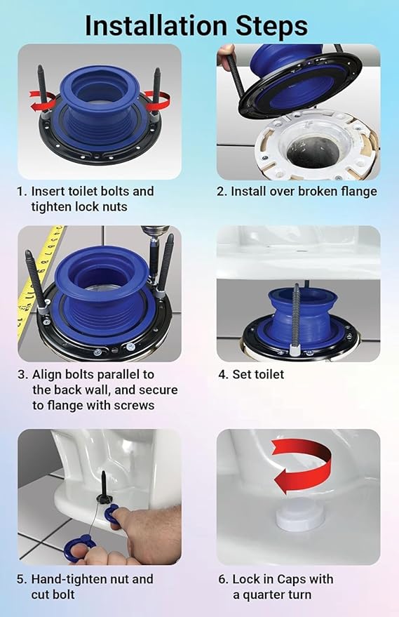 One N Done Toilet Flange Repair Kit - Toilet Kit For Low or Broken Flange. Toilet Wax Ring Replacement Kit W/Toilet Flange Extender Kit, Easy Toilet Bolts, & Toilet Caps For Bottom of Toilet. 10X
