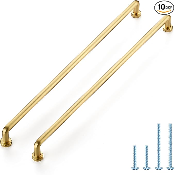 JOY DECOR Cabinet Pulls – 12-3/5 Inch Hole Center, Brushed Brass, 10 Pack, Zinc Alloy Cabinet Handles for Drawers & Cupboard – Vintage Style Hardware for Kitchen, Bathroom, Dresser, Furniture Makeover
