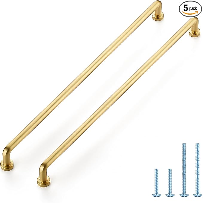 JOY DECOR Cabinet Pulls – 12-3/5 Inch Hole Center, Brushed Brass, 5 Pack, Zinc Alloy Cabinet Handles for Drawers & Cupboard – Vintage Style Hardware for Kitchen, Bathroom, Dresser, Furniture Makeover