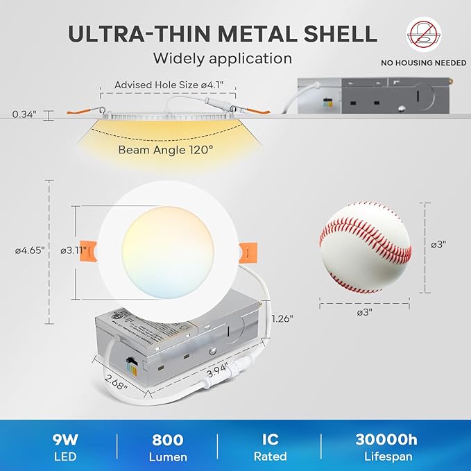 LVWIT Ultra-Thin Recessed Lighting 4 Inch with Junction Box, 800LM 2700K-5000K 5CCT LED Ceiling Lights, Dimmable Canless Wafer Downlight, ETL,FCC&IC, Smooth Trim, 6 Pack