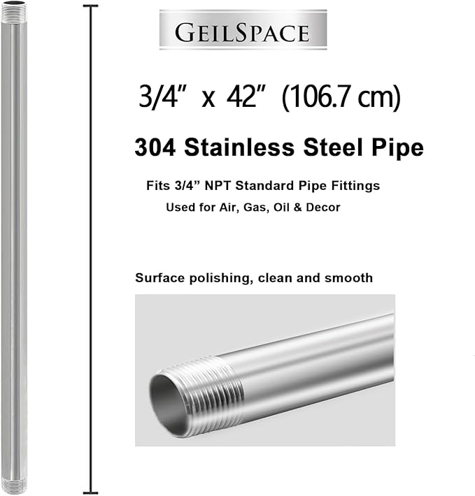 GeilSpace 3/4" x 42" Stainless Steel Pipe, 304 Pipe Nipple Fits Standard 3/4 Inch Threaded Pipes and Fittings, DIY Industrial Metal tube (2 PCS)