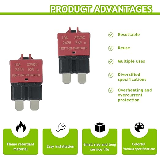 10A DC 12V-32V Manual Reset Circuit Breaker ATC/ATO Low Profile T3 Mini Blade Fuses Breakers for Car Trucks Marine Boat RV Solar and More,2 Pack