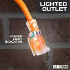Iron Forge Cable Weatherproof 50 Ft Outdoor Extension Cord - 14/3 SJTW 15 Amp Heavy Duty Orange Extension Cord 3 Prong - Lighted End