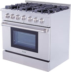 THOR Kitchen Freestanding Professional 36-Inch Gas Range with Blue Porcelain Oven Interior In Stainless Steel - Model HRG3618U