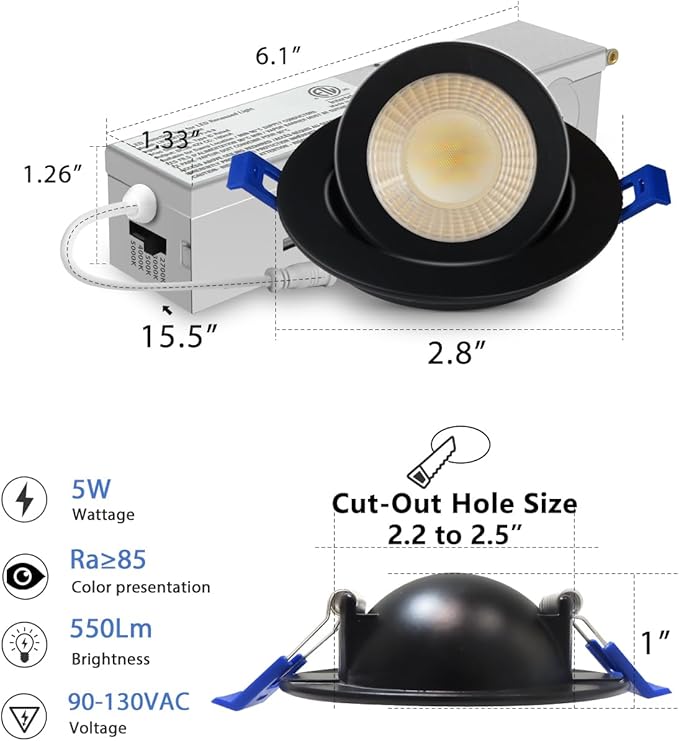 Adetu 2 Inch 5CCT Gimbal Black Led Recessed Lighting with Junction Box, 360°+90° Adjustable Led Recessed Lights, 2700K/3000K/3500K/4000K/5000K, 5W Eqv 50W, 550LM Brightness - ETL (Black, 1 Pack)
