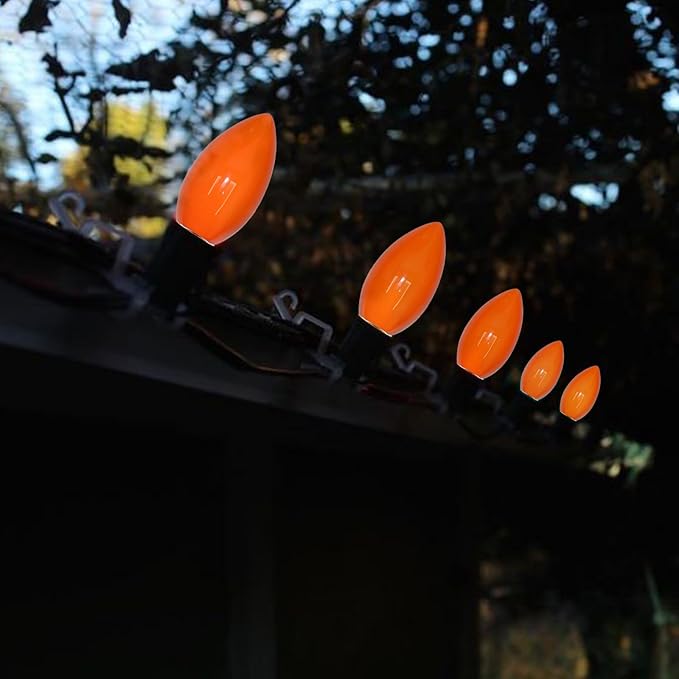SUNSGNE 25 Pack C9 Orange Outdoor Halloween Night Light Bulbs, C9 Christmas Tree Lights for Indoor Outdoor Patio Strings, E17/C9 Intermediate Base, 7 Watt, Ceramic Orange
